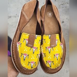 Ariat Brown Suede Loafers with Yellow Floral Skull Canvas Accent